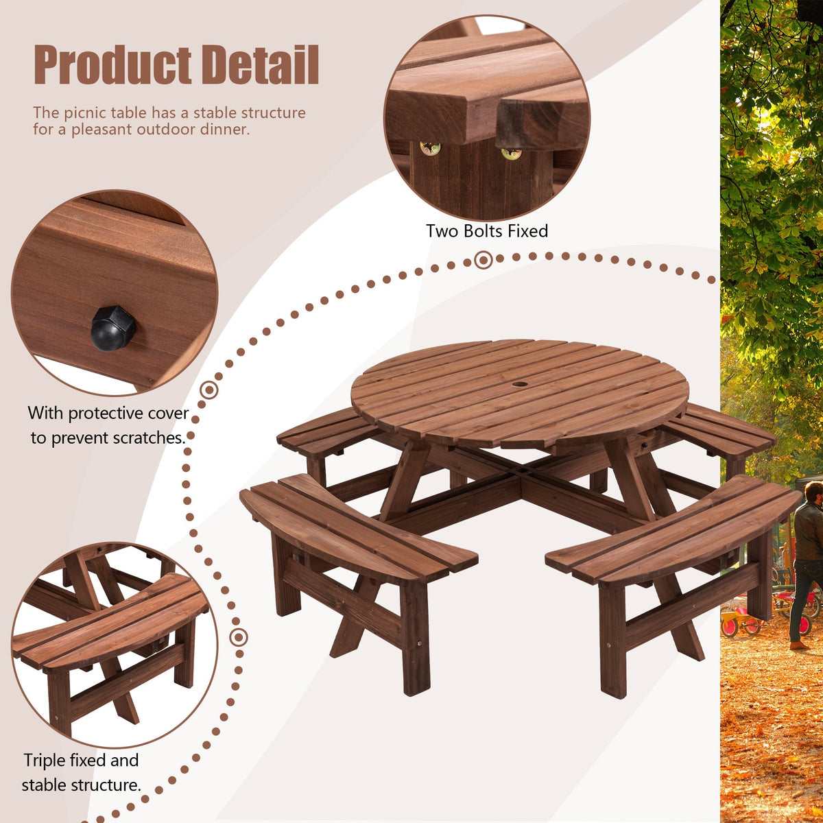 8 Person Wooden Picnic Table Outdoor Camping Dining Table with Seat
