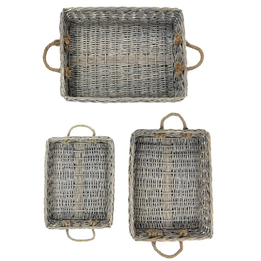 Set Of 3 Rectangular Willow Trays with Jute Handles