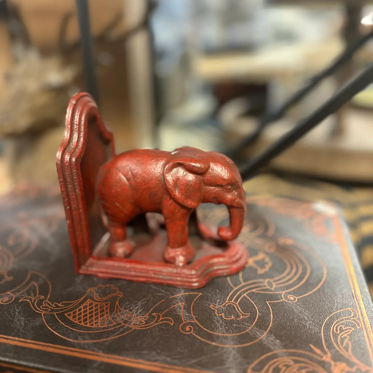 Cast Iron Elephant Bookend in Antiqued Red Finish