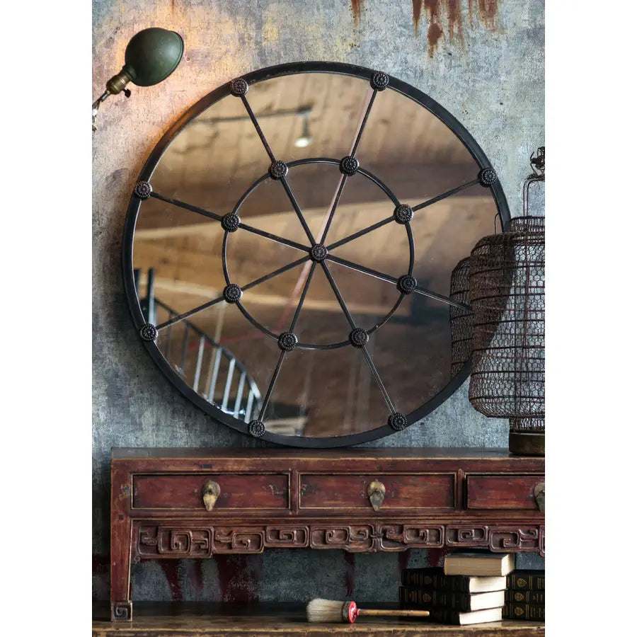Distressed Round Cast Iron Mirror with Rosettes