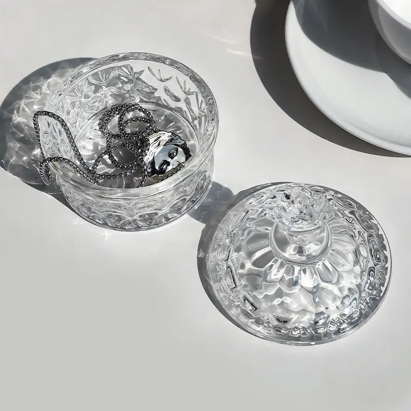 Clear Carved Glass  Storage Jar With Lid