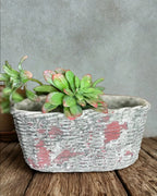 Large Concrete Oval Container with Basket Motif