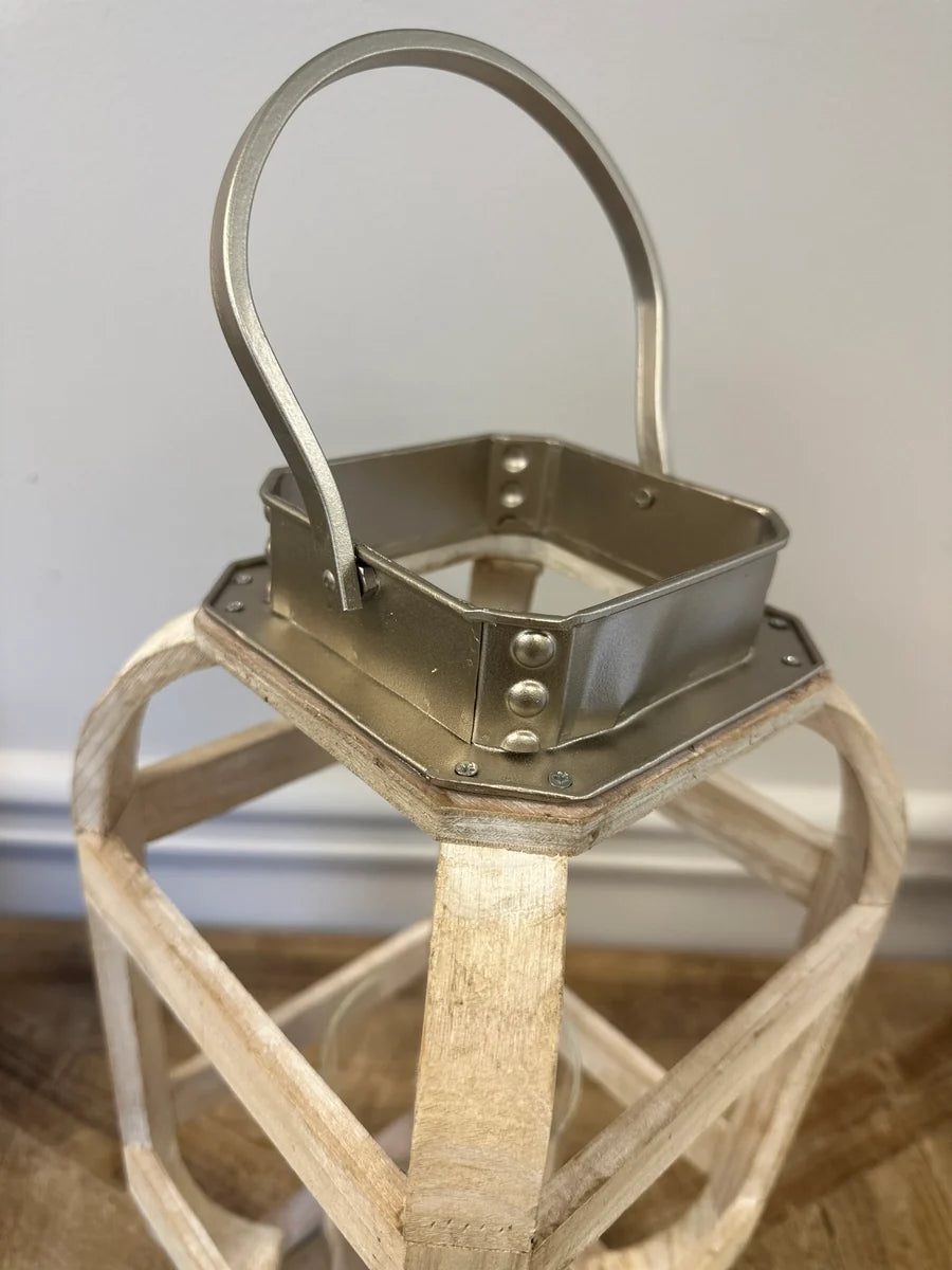 WOOD WITH METAL WHITE LANTERN CANDLE HOLDER