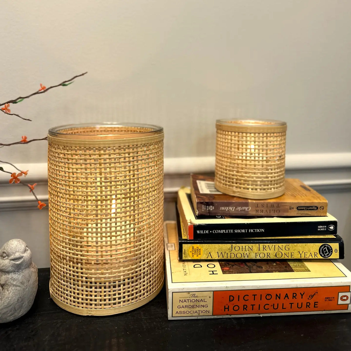 WEAVED RATTAN WRAPPED GLASS VASE/CANDLE HOLDER