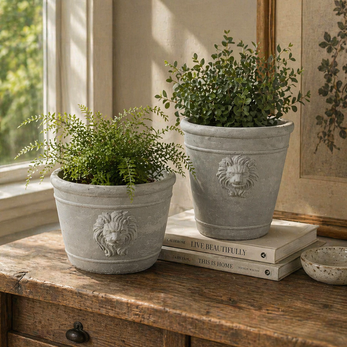 Cast Cement Lion Head Planter