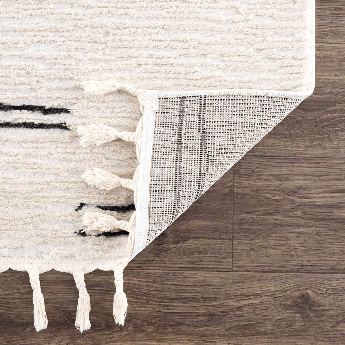 Riad Black Striped White Rug with Tassels