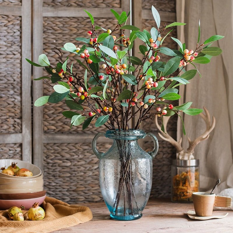 Artificial Fruit Snow Berry Leaf Stem 28" Tall Silk Plant