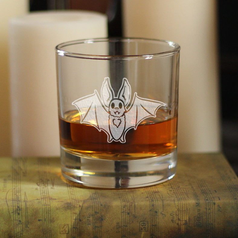 Bat Whiskey Rocks Glass - Funny Cute Bat Gifts - Spooky Fun Halloween Decor with Bats - 10.25 Oz Glasses