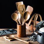 9PCS Wooden Spoons For Cooking, Wooden Utensils For Cooking With Utensils Holder, Teak Wooden Kitchen Utensils Set