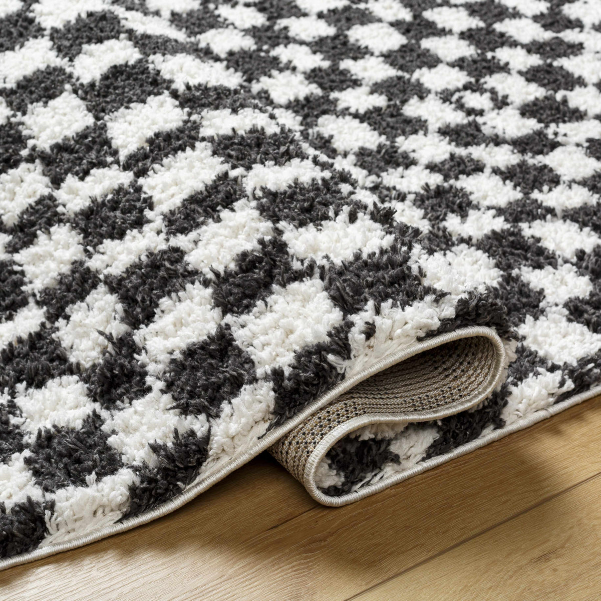 Kieu Black & White Checkered Shag Rug
