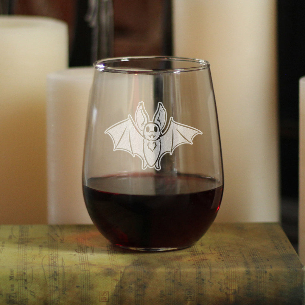 Bat Stemless Wine Glass - Funny Cute Bat Gifts - Spooky Fun Halloween Decor with Bats - Large 17 Oz Glasses