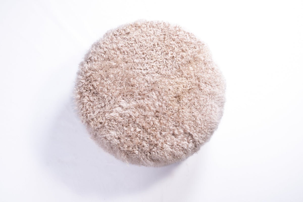 Sand Curly Goatskin Round Ottoman