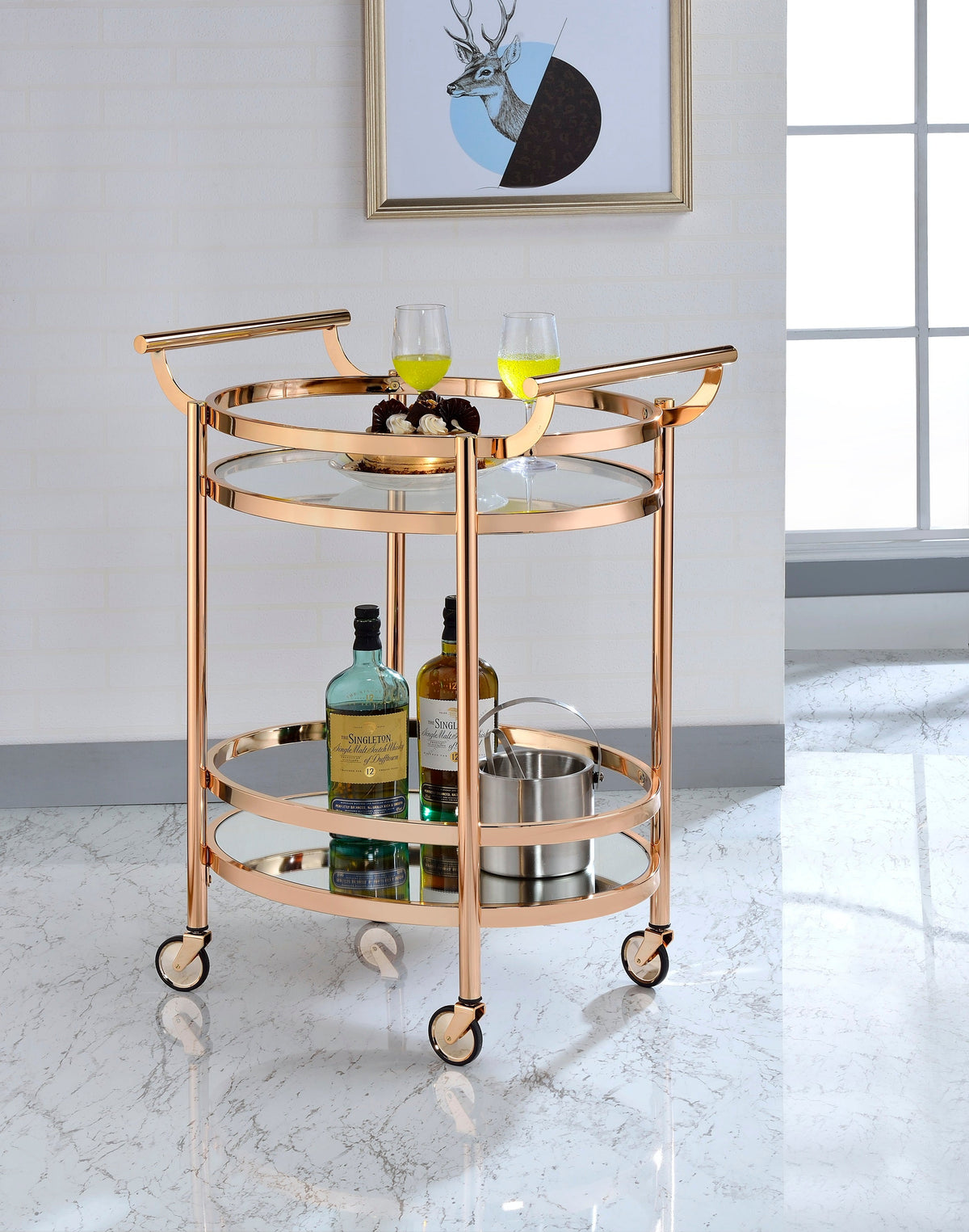 Lakelyn Clear Glass & Rose Gold Finish Serving Cart