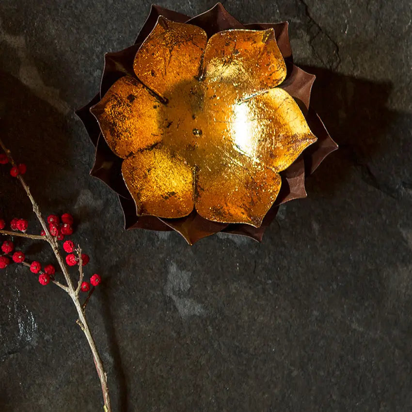Gold Leafed Metal Lotus Candle Bowl - Small
