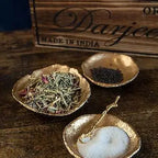 SET OF 3 GOLD CONDIMENT DISHES WITH ONE 3 ' GOLD SPOON