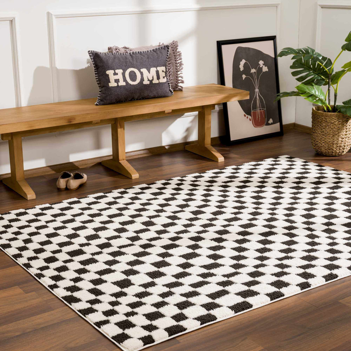 Lajos Black & White Checkered Plush Rug